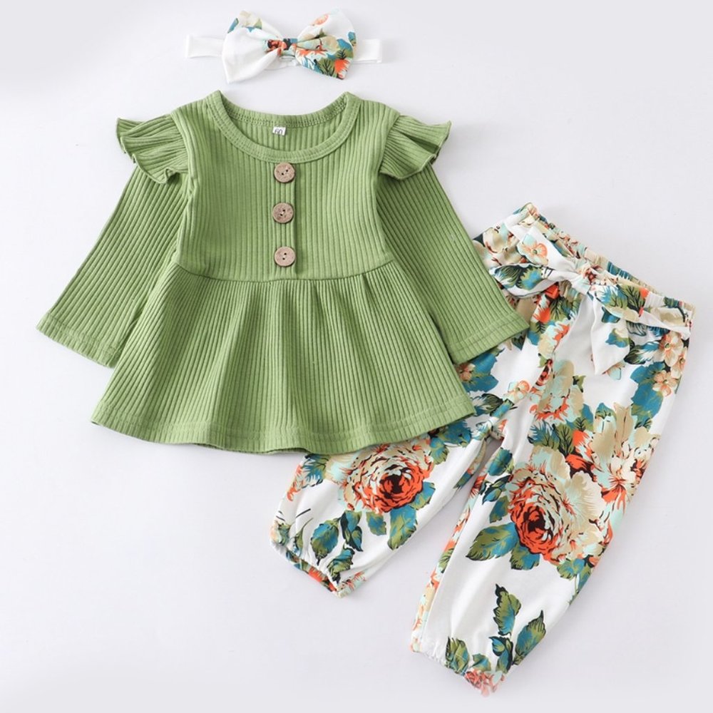 3 Piece Mint floral baby ruffle set with head band